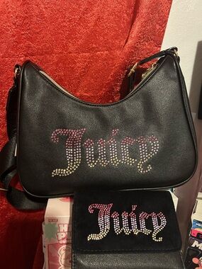 Juicy Couture Black Shoulder Bag & wallet set with Pink and Gold Rhinestone Logo